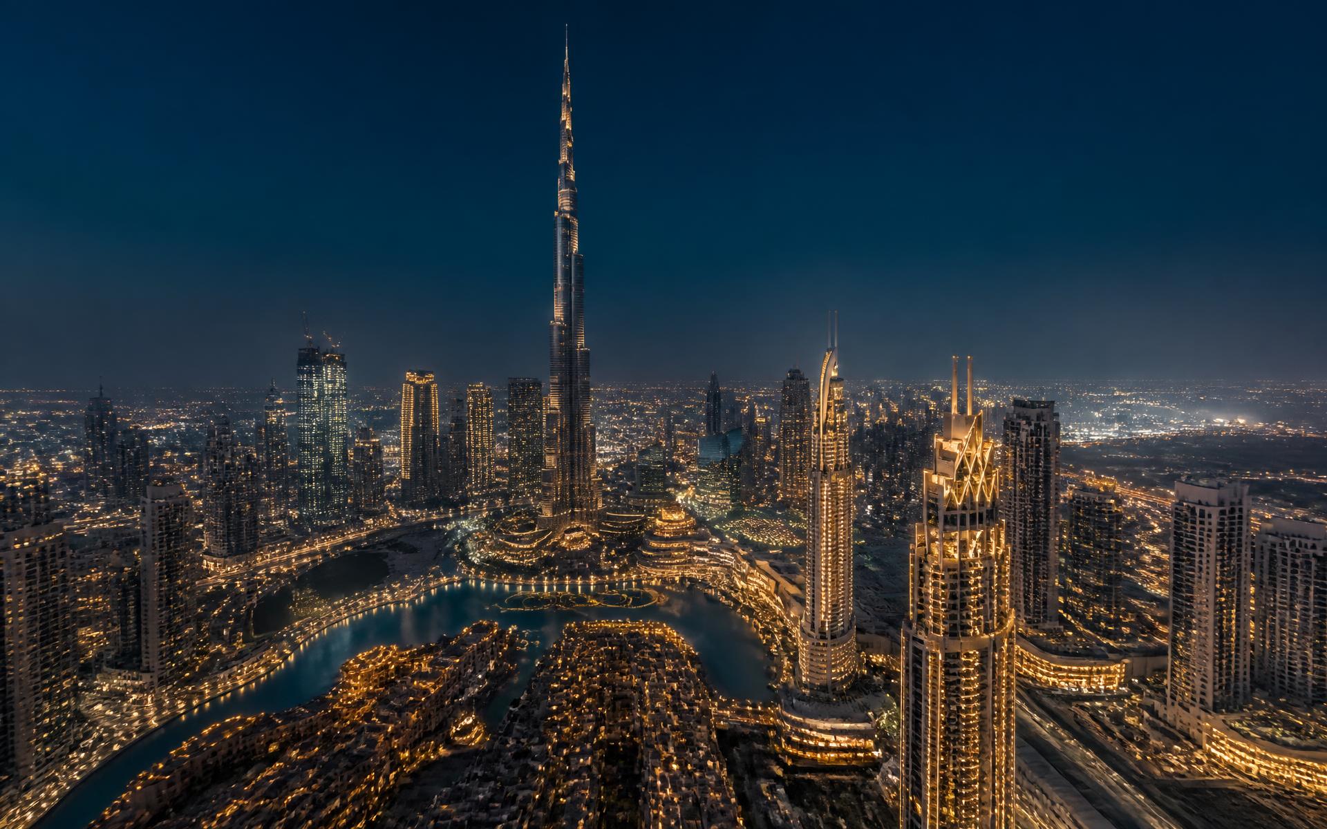 Aerial view of the Dubai skyline at blue hour