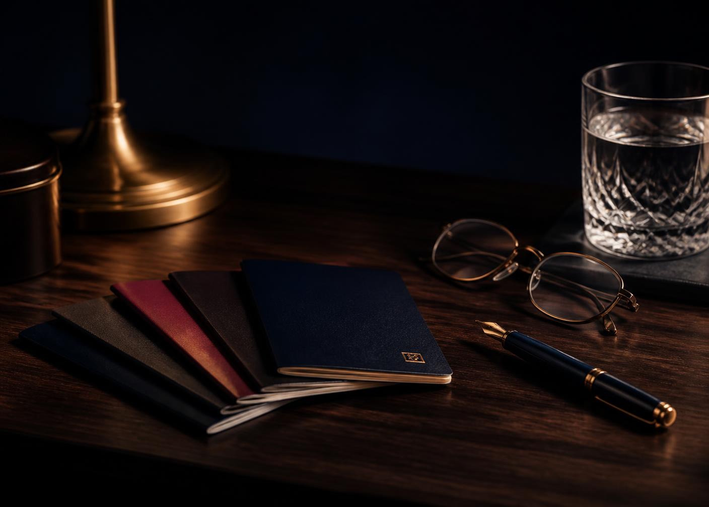 Passports and a fountain pen on a dark desk